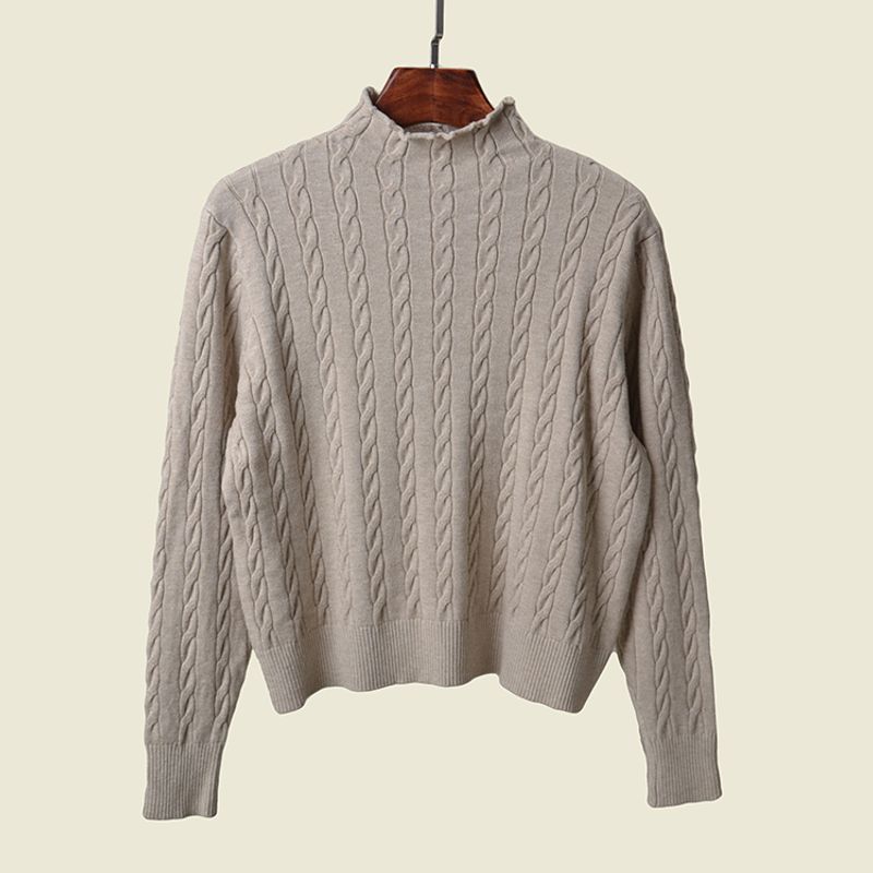 

Half-high Collar Twist Texture Knit Women Design Sense Niche Loose Autumn and Winter Inner wear Soft Glutinous Skin-friendly Base Long sleeve Khaki All yards