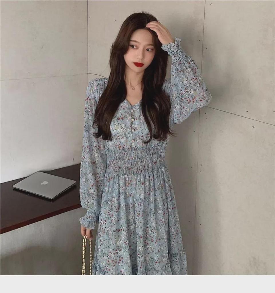 2024 Floral Chiffon V-Neck Dress: High-Waisted, Long-Sleeve, Waist-Cinching Korean Style for Spring and Autumn