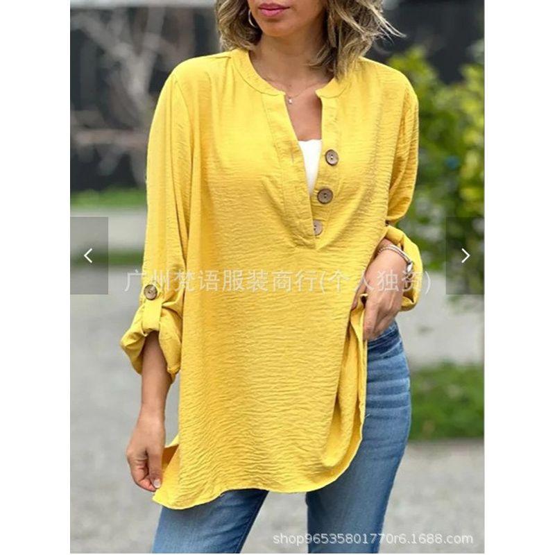 

2025 European and American Cross-Border Long sleeve Women s Shirt Stand Collar Long sleeve Cotton and Linen Button Loose Comfortable Top Shirt Yellow S