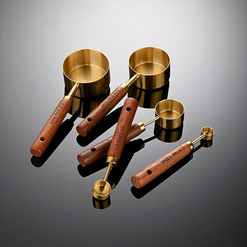 Złoty uchwyt z drewna, stal nierdzewna, miarki, łyżki, narzędzia do pieczenia, zestaw łyżek miarowych do kawy, akcesoria do wag barmańskich