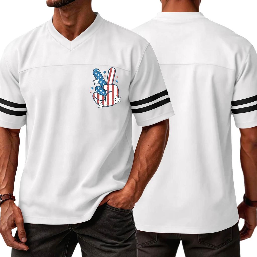 Men V Neck Casual Short Sleeve Jersey Shirt with Independence Day Print and Striped Sleeves for Sports and Wear