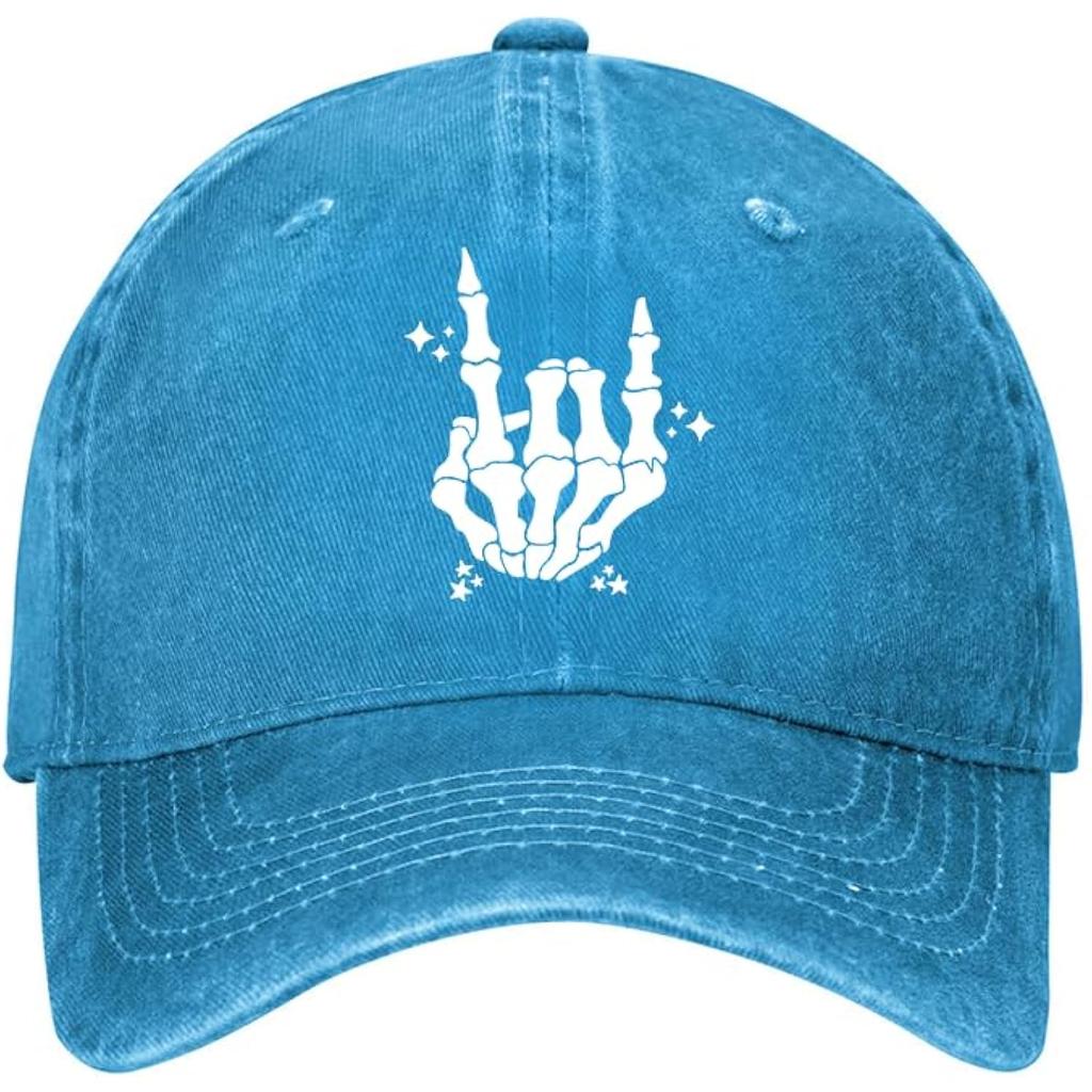 Skeleton Rock Hand Sign Baseball Cap Punk Cotton Washed Adjustable Hat for Men Women Outdoor