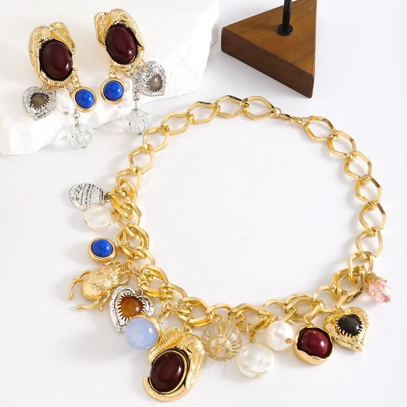 Bohemian Retro Earring Necklace Vintage Resin Gemstone Love Lantern Imitation Pearl Earrings and Necklace Set Jewelry Gifts