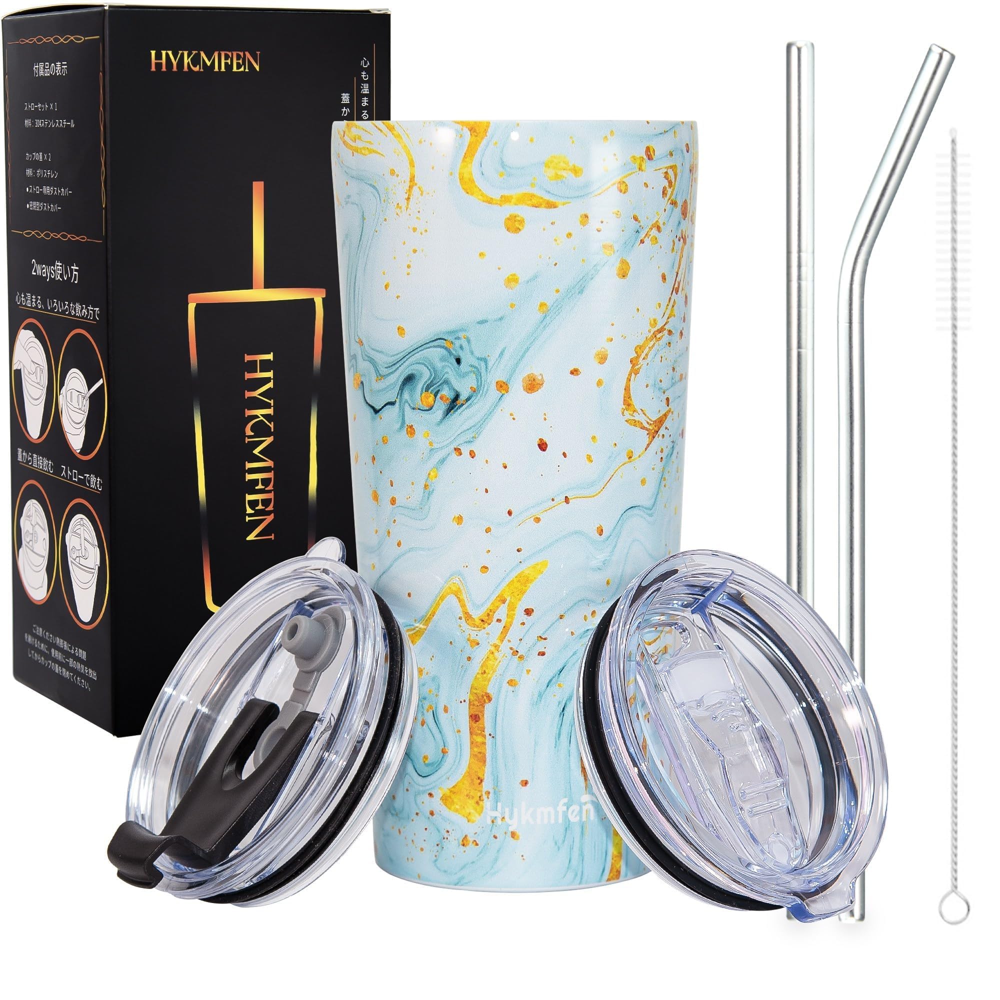 

HYKMFEN with Two Lids Vacuum Stainless Steel Perfect for or Car Use Tumbler, 600ml, Leak-Proof & Straw, Insulated, Double-Walled Wall, Spill-Proof,