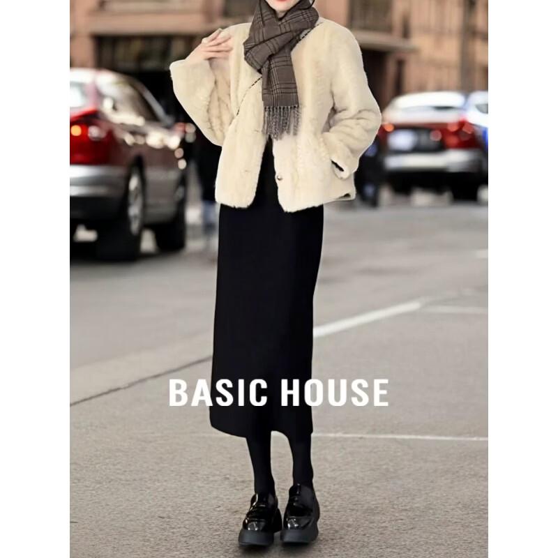 Basic House Women s Black Wool Blend Slit Midi Skirt L