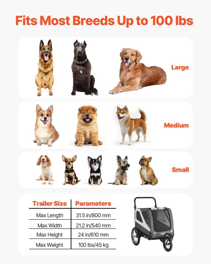 Dog Bike Trailer, Supports Up To 45 Kg, 2-in-1 Pet Stroller Cart Bicycle Carrier for Small & Large Dogs, Easy Folding Frame with Quick Release Wheel,