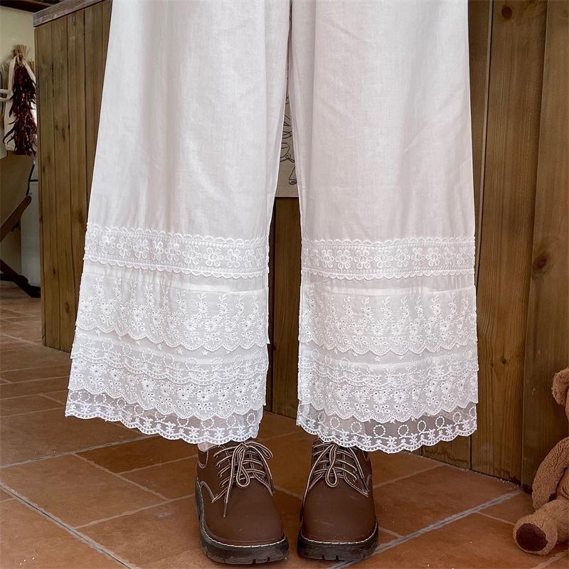 Artistic Elastic Waist Cotton-Linen Cropped Wide-Leg Pants with Lace Trim One Size