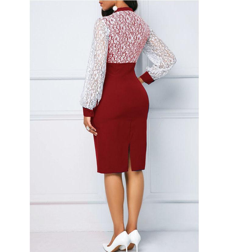 Plus Size Women's Lace Long Sleeve Bodycon Dress Elegant High Waist Patchwork Midi Office Dress