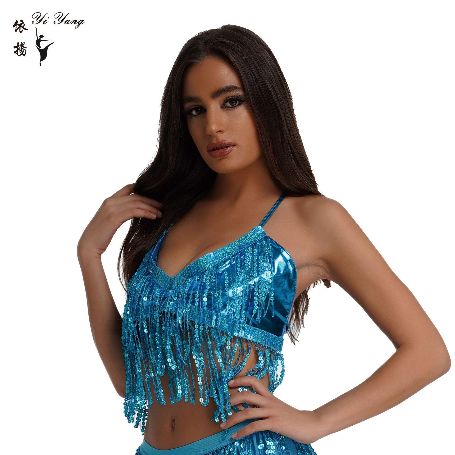 

Костюм для танцю живота з регульованими ремінцями та бюстгальтером із підкладкою та паєтками. One size озеро синього кольору