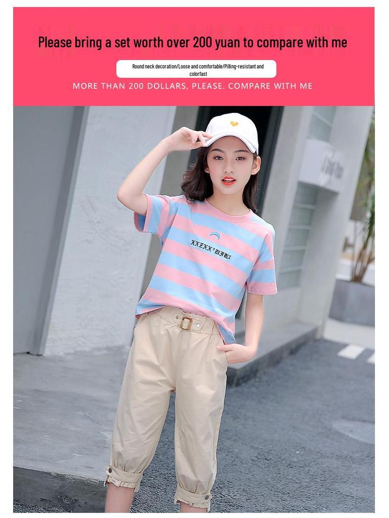 Girls' Trendy Sports Suit 2024: New Style Fashionable Two-Piece Set for Older Kids - Short-Sleeved Summer Wear