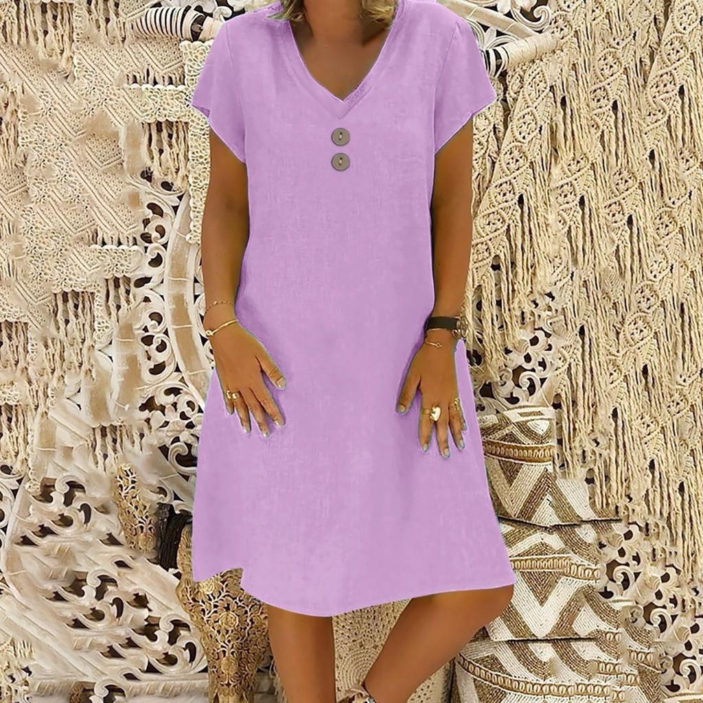 Women's Fashionable Retro V-Neck Short-Sleeve Casual Cotton-Linen Dress