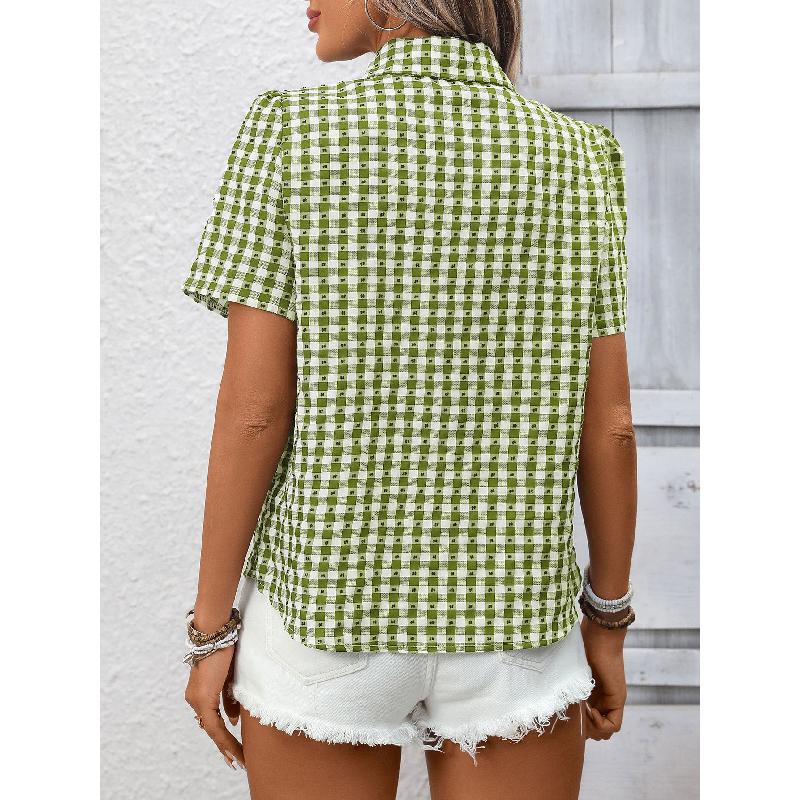 2026 Spring/Summer New Women's Loose Short-Sleeve Pocket Casual Plaid Shirt