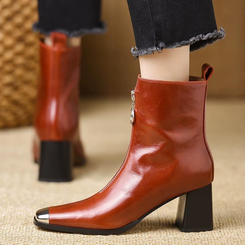 French Maillard retro soft-soled thick-heeled short boots 2025 autumn and winter new front zipper fashion light luxury temperament leather boots