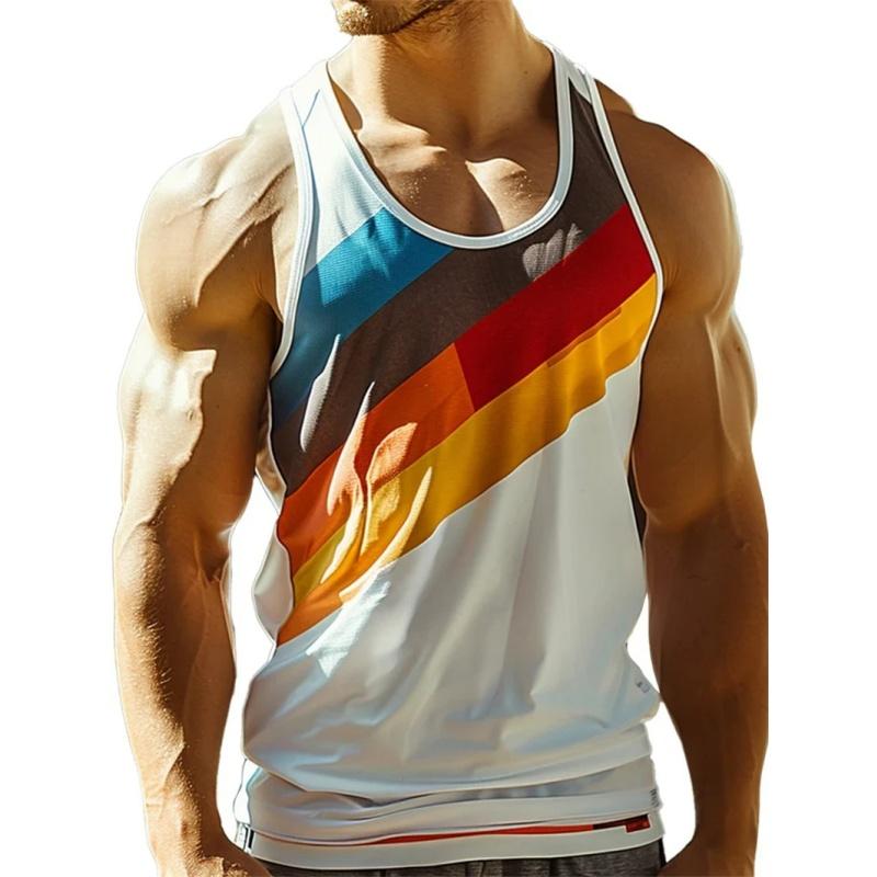 Canottiere a Strisce Colorate Stampate 3D da Uomo con Fantasia Color Block T-shirt Estive Casual Canotta Sportiva Oversize Street
