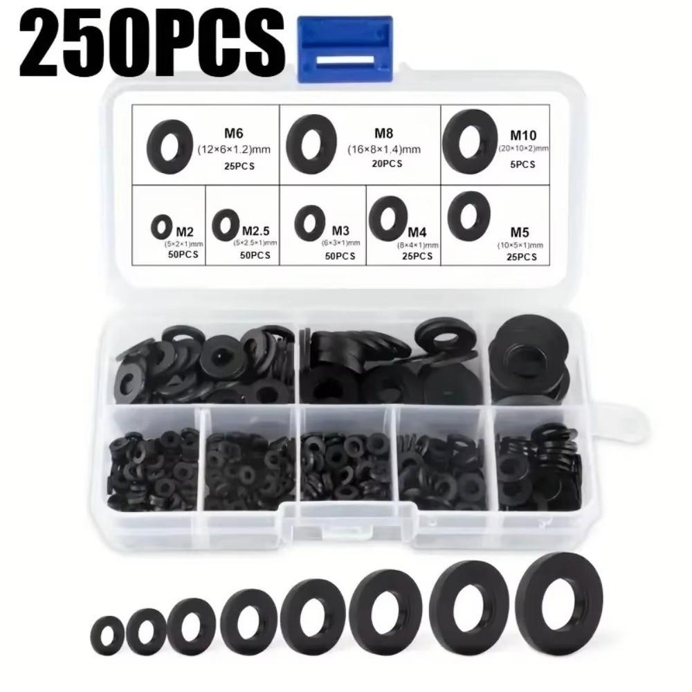 250/500PCS Plastic Sealing Ring White Black Flat Gasket Set New Nylon Washers for Screw Bolt Black-250PCS