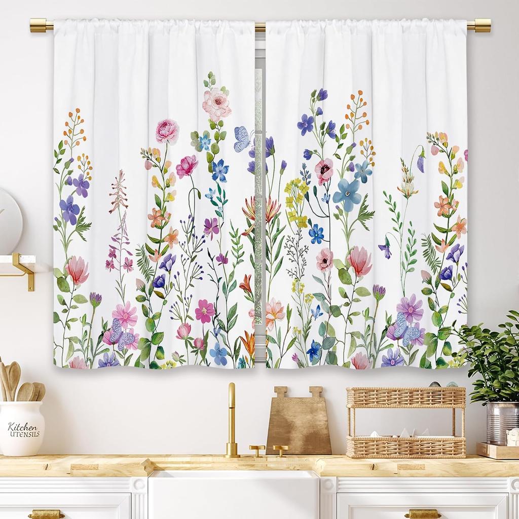 Wildflower Window Curta Colorful Floral Meadow Print Watercolor Plant Decor For Living Room Kitchen