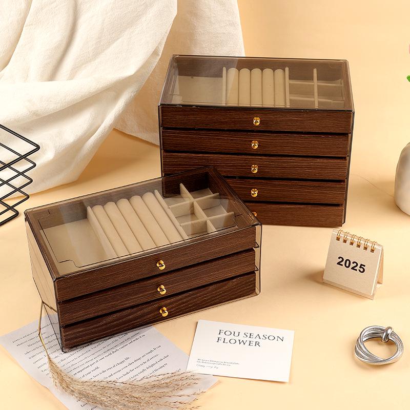 Lyxig flerlagers smyckeskrin med träådring för örhängen, ringar, halsband och armband - Stor kapacitet skrivbordsorganisatör