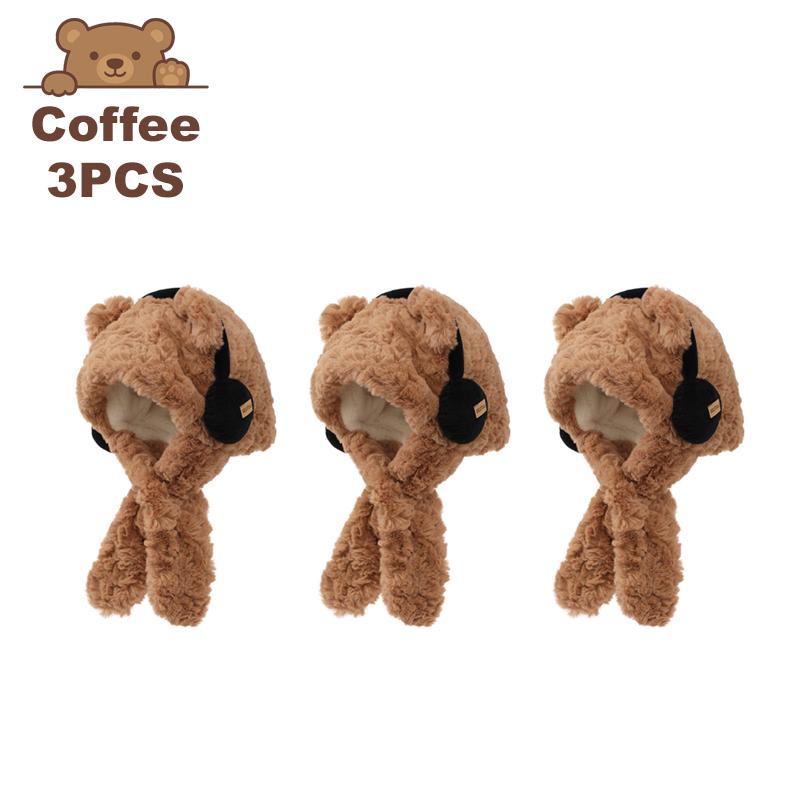 Bear with Headphone Hoodie Hat Scarf Set for Girls Winter Thickened Plush Earmuffs Warm Cap for Children Cute Outdoor Wear
