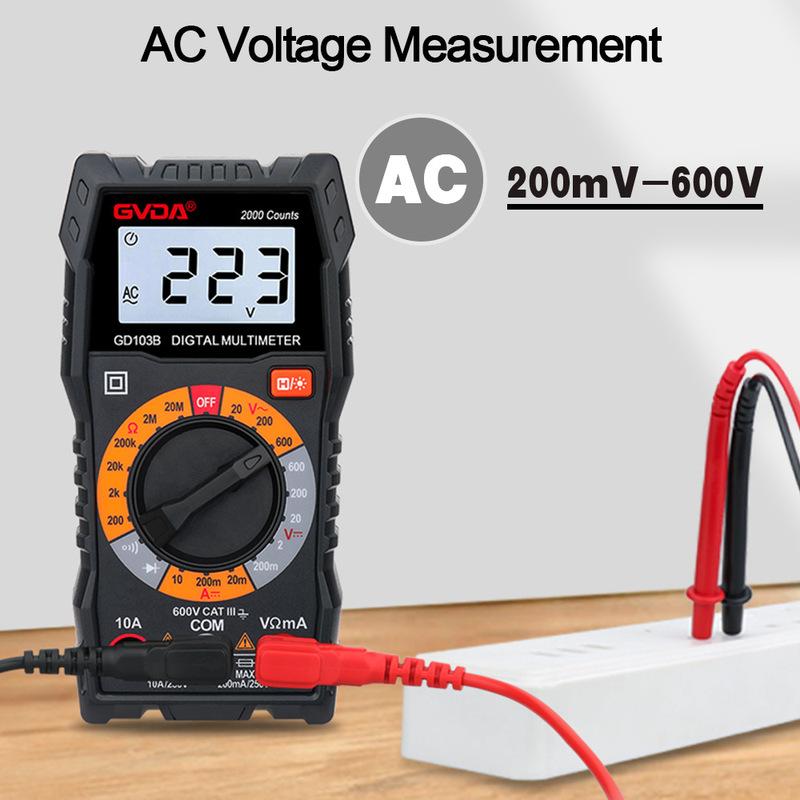 GVDA Digital Multimeter DMM Voltmeter True RMS AC DC Ohm Voltage Meter Resistance Tester 2000 Counts Multitester Diode Tester
