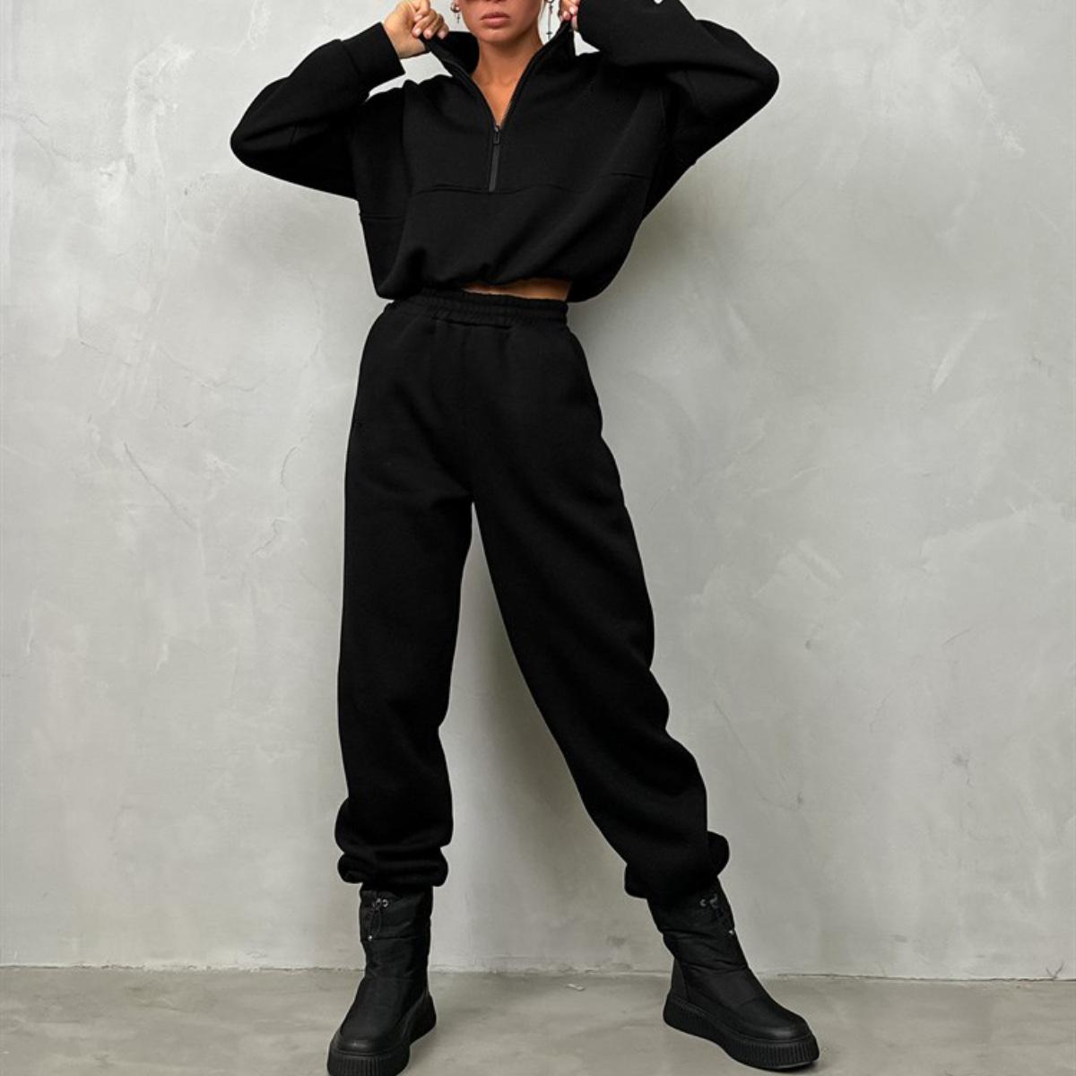 

Женский однотонный длинный рукав воротник стойка V-образный вырез толстовка костюм осень зима свободный топ широкие брюки XL чёрный