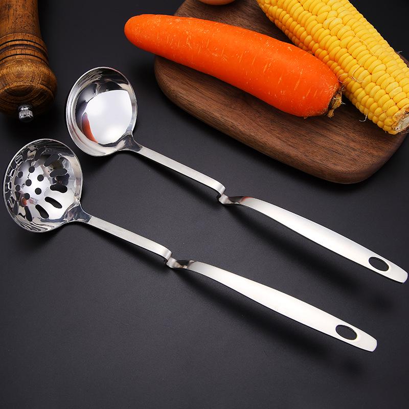 Stainless Steel Kitchen Utensil Set: Soup Ladle, Slotted Spoon, Wall Hanging Hot Pot Spoon, Long Handle, Thickened Design