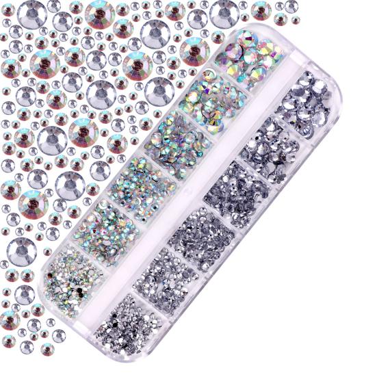 1 Set Round Nail Art Rhinestone Kit with Storage Box 12 Grids Flatback Rhinestone DIY Nail Design Crafting Decoration Fake Gems
