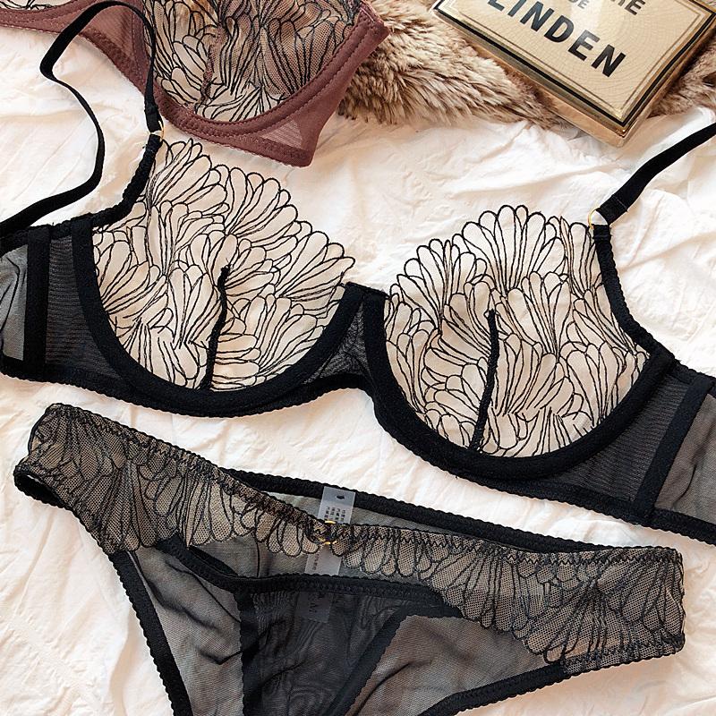 Summer Lace Ultra Thin Women Underwear French High Quality Feather Push Up Bra Set Sexy Brassiere and Hollow Panties Sets Ladies