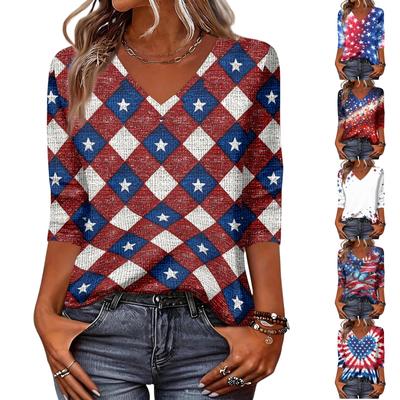 Women's Fashionable Casual Independence Day American Flag and Stars Print V-Neck Three-Quarter Sleeve T-Shirt Top