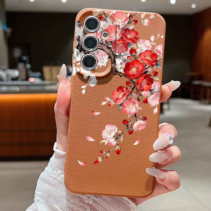 Pink Peach Blossom Case For Samsung S26 Ultra S25 Edge S24 S23 Plus S22 S21 FE A15 A16 A17 A35 A36 A54 A55 A56 A57 5G Leather Texture Soft Cover