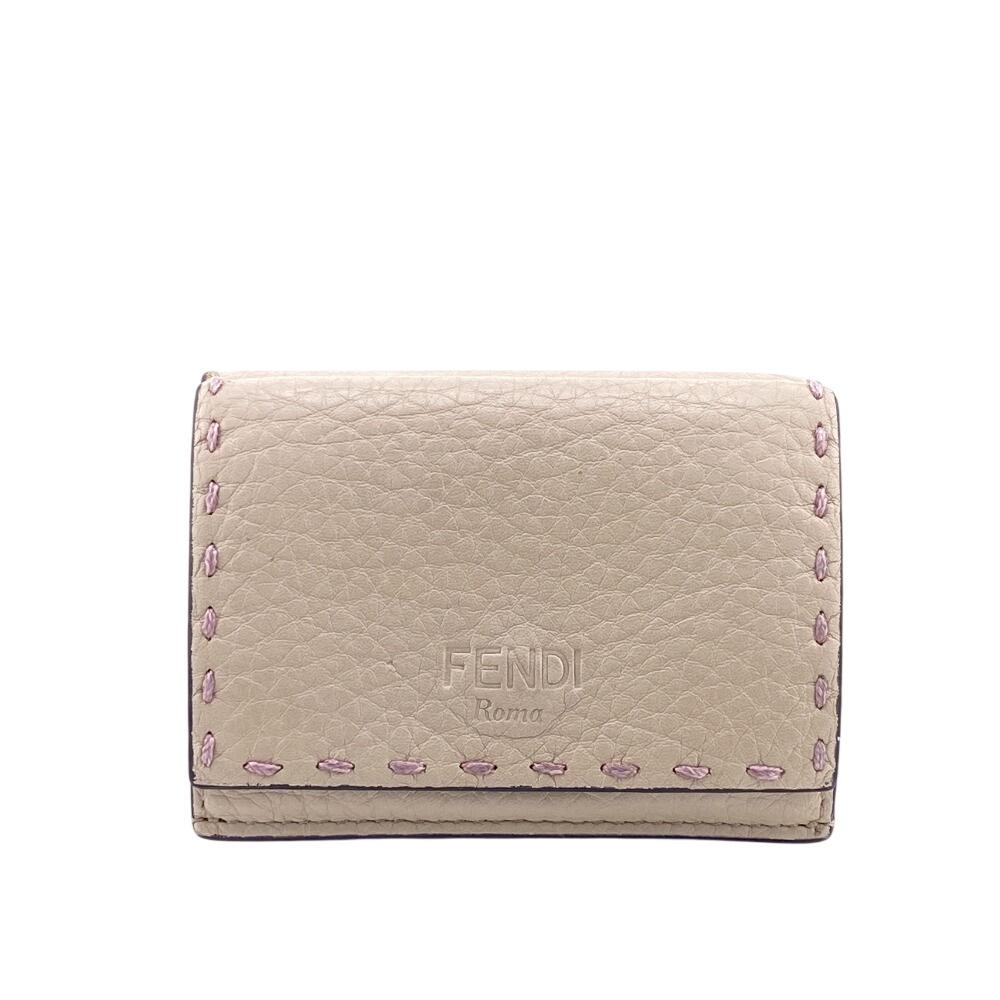 FENDI Compact wallet Celeria leather Tri-fold wallet beige leather Women Used