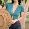 Summer Lace V-neck Slits Slim Fit Inside, Bottoming And Short Top, Silk Stitching Knitted T-shirt