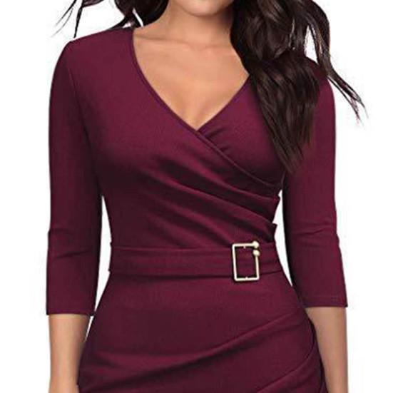 Lady Dress Solid Color V Neck Slim Casual Sheath Dress for Daily