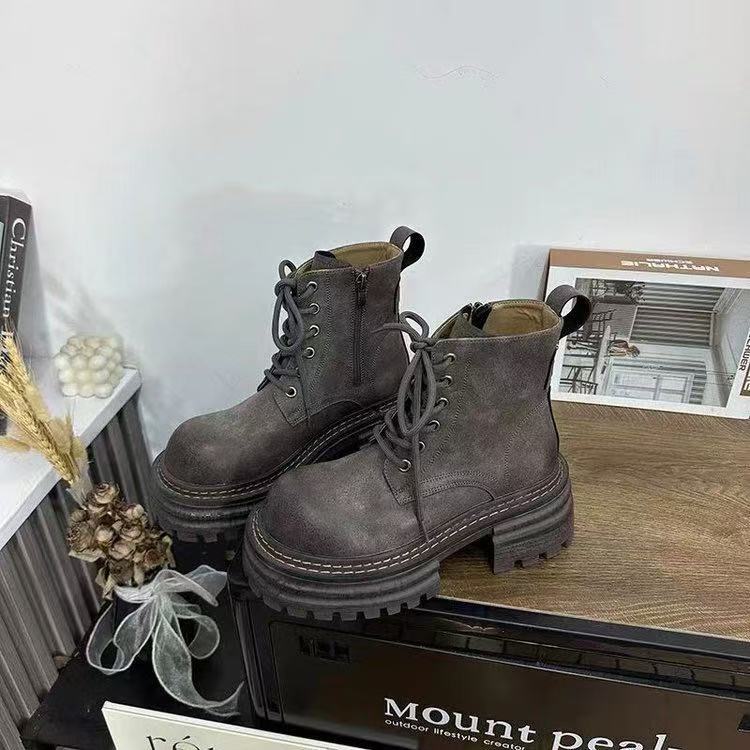 British Style Lace-up Martin Boots Women's 2025 Autumn New Fashionable Versatile Thick-soled Brown Maillard Locomotive Short Boots