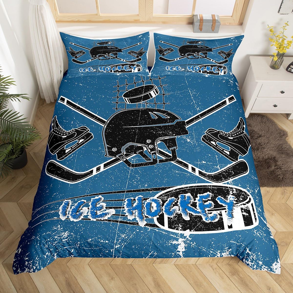 Ensemble de Literie Hockey sur Glace Taille Twin Enfants Housse de Couette Housse de Couette Thème Sport pour Garçons Filles Adolescents EU Single(135x200cm)