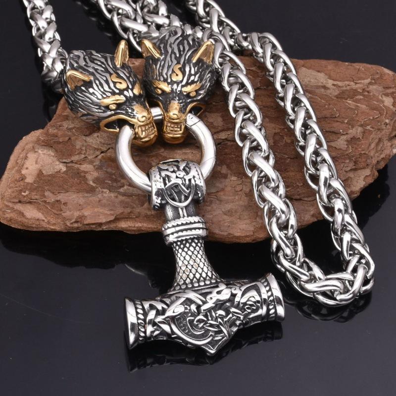 Viking Style Wolf Head Hammer Pendant Necklace With Runes For Men