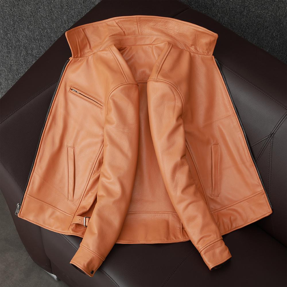 Japanese Waxed Genuine Leather Jacket Men Short Tail Slim Fit Biker Coat Fashion Outerwear