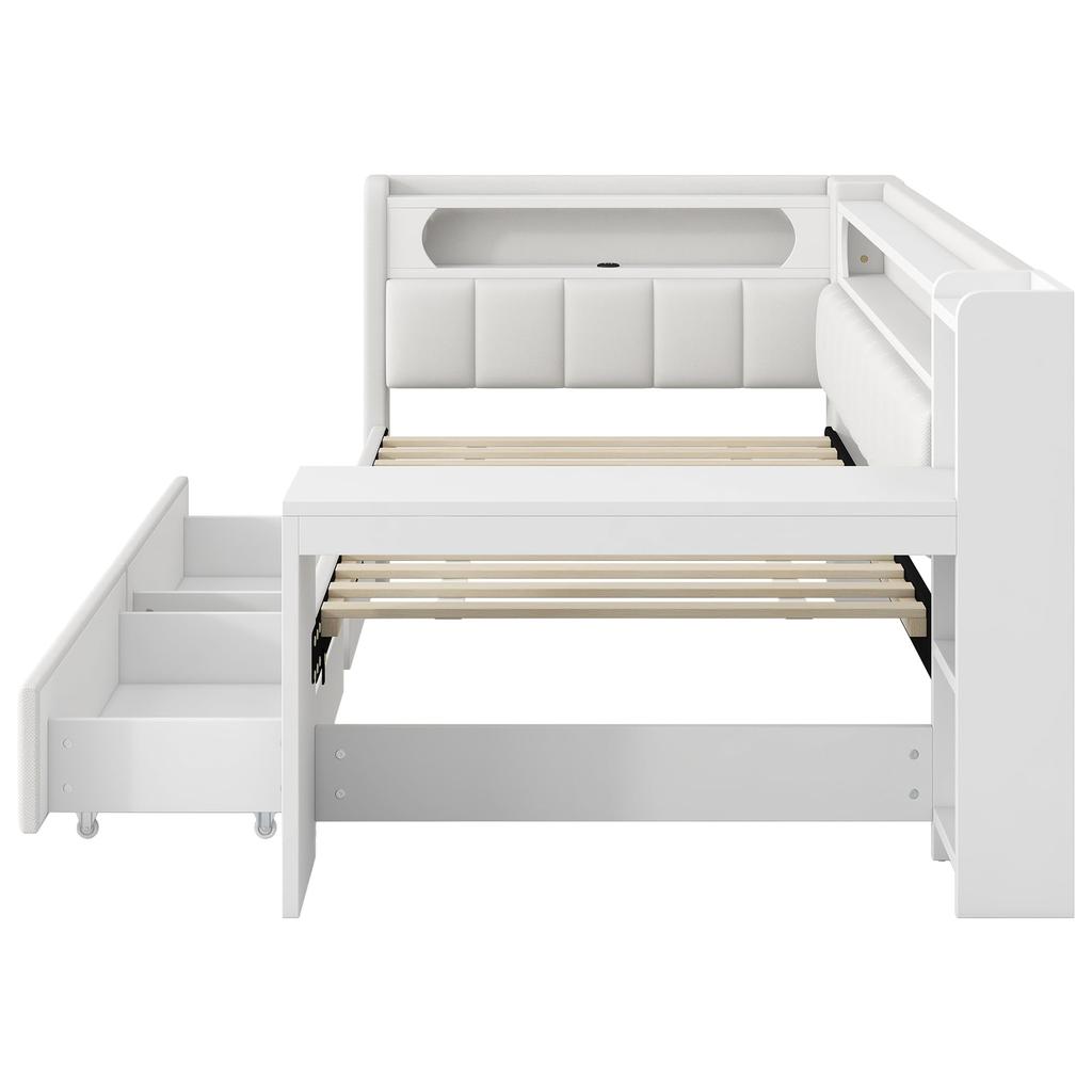 Kinderbett 90x200 Einzelbett: LED-Ablage, Schreibtisch, USB, 2 Schubladen, gepolstertes Kopfteil, Lattenrost, Weiß (Ohne Matratze)