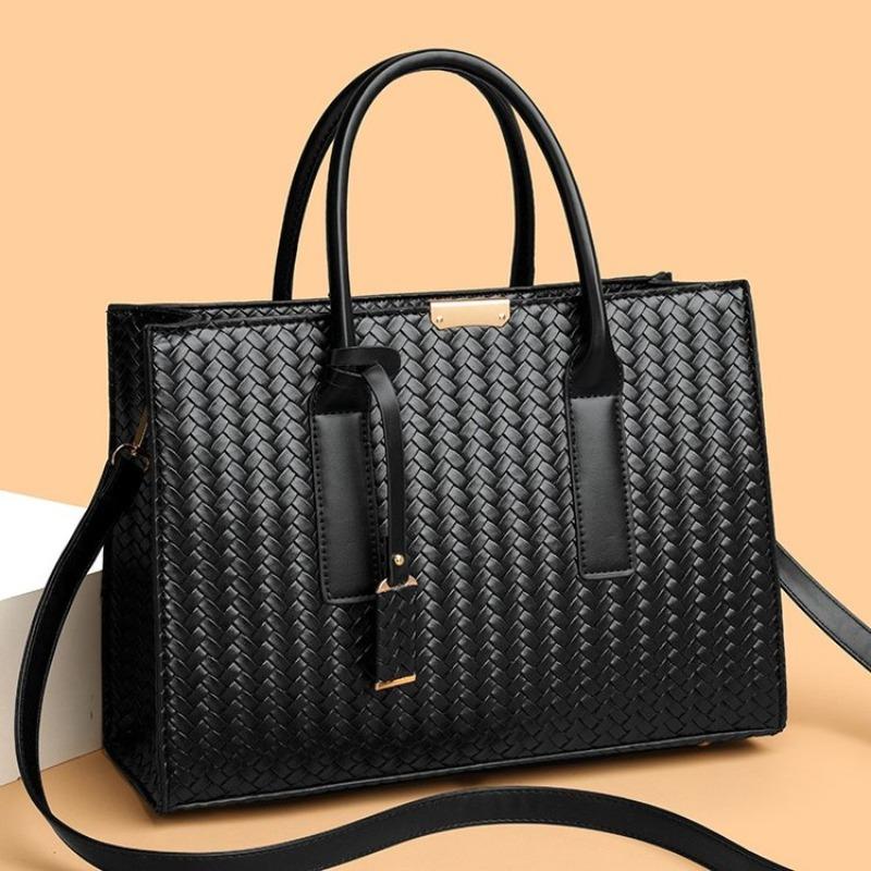 Women Woven Leather Tote Bag Large Capacity Handbag Top Handle Satchel Shoulder Bag for Work Business Daily