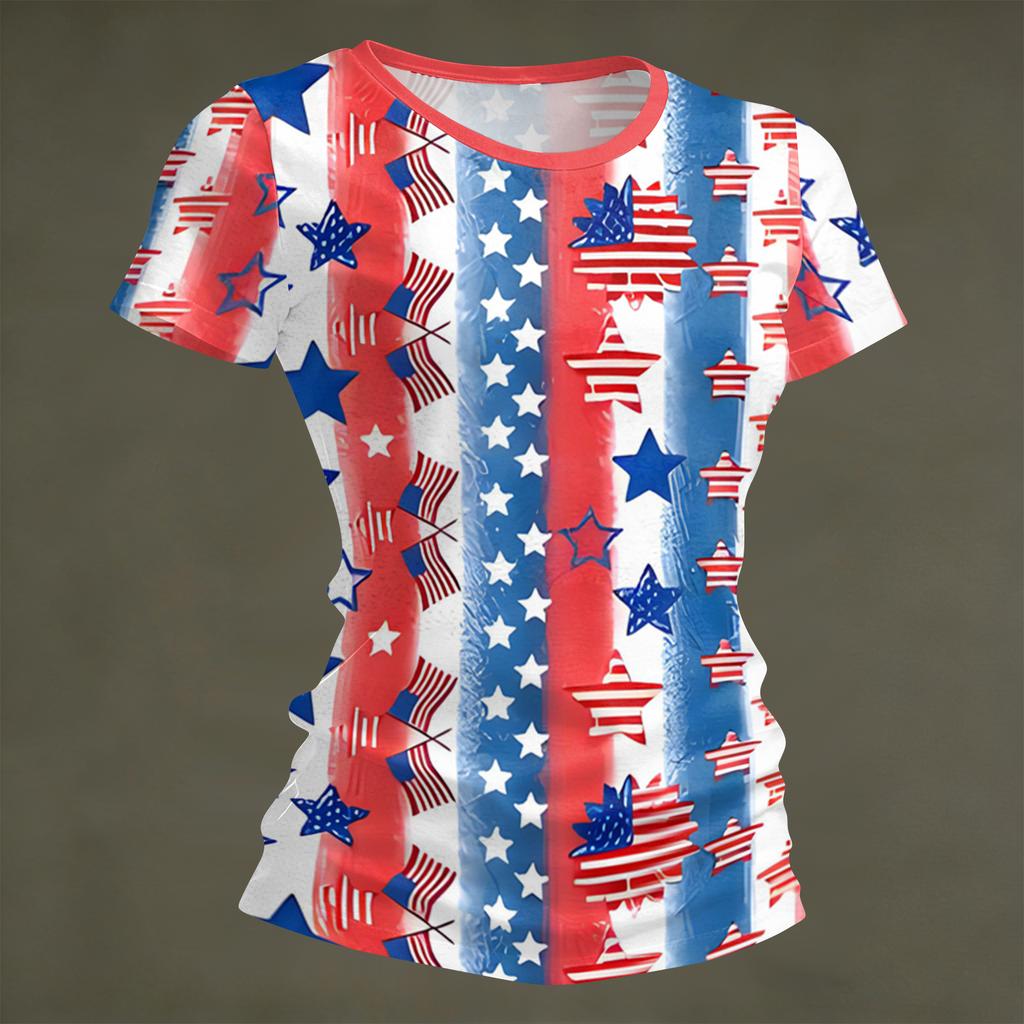 Women's Fashion Round Neck Independence Day Print Short Sleeve Loose Crewneck T-Shirt Top