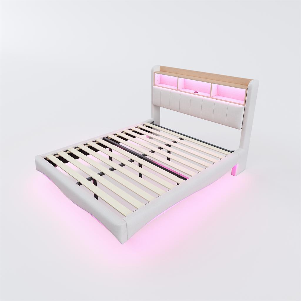 Zwevend design gestoffeerd bed 140*200 gemaakt van linnen stof, multifunctioneel opbergbed met LED-licht, USB en TYPE-C interface beige