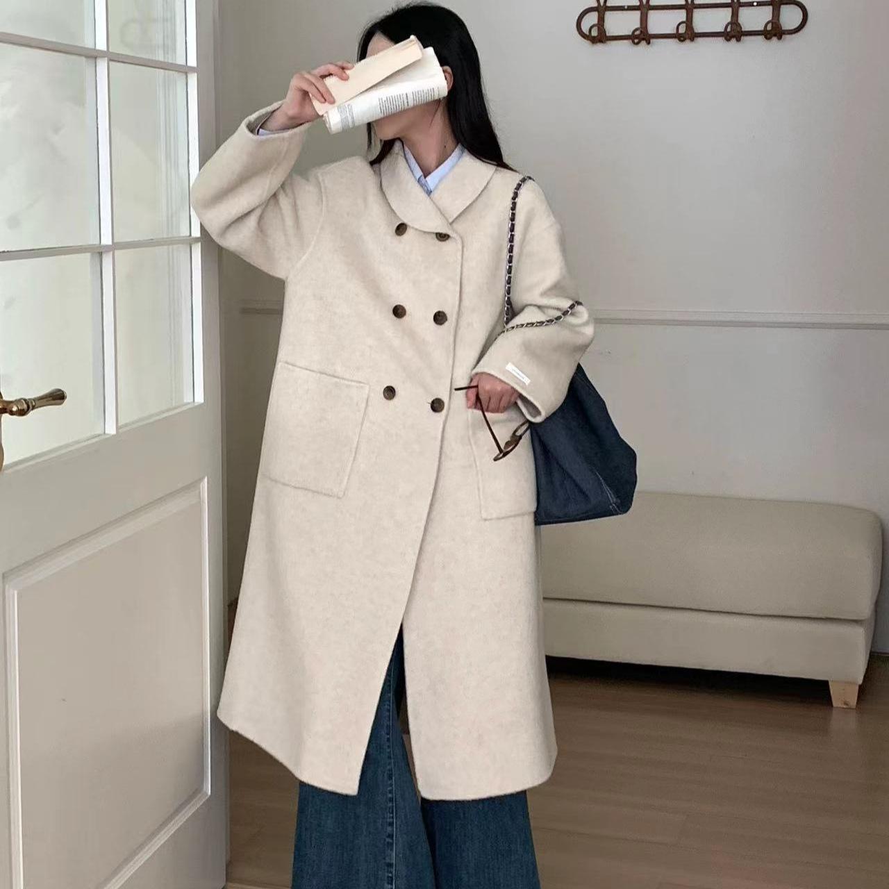 

Маленькая куколка с круглым вырезом, новое зимнее двубортное шерстяное пальто средней длины с воротником-стойкой, женское свободное и тонкое пальто M