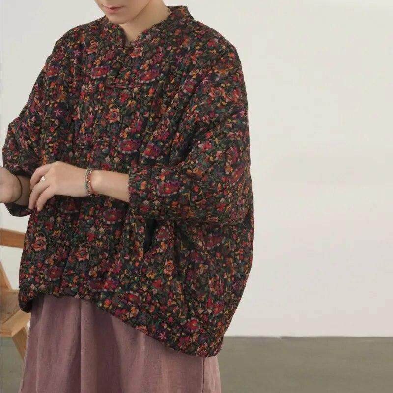 Johnature Women Chinese Style Corduroy Parkas Stand Long Sleeve Button Winter Vintage Coats Print Floral Warm Winter Parkas