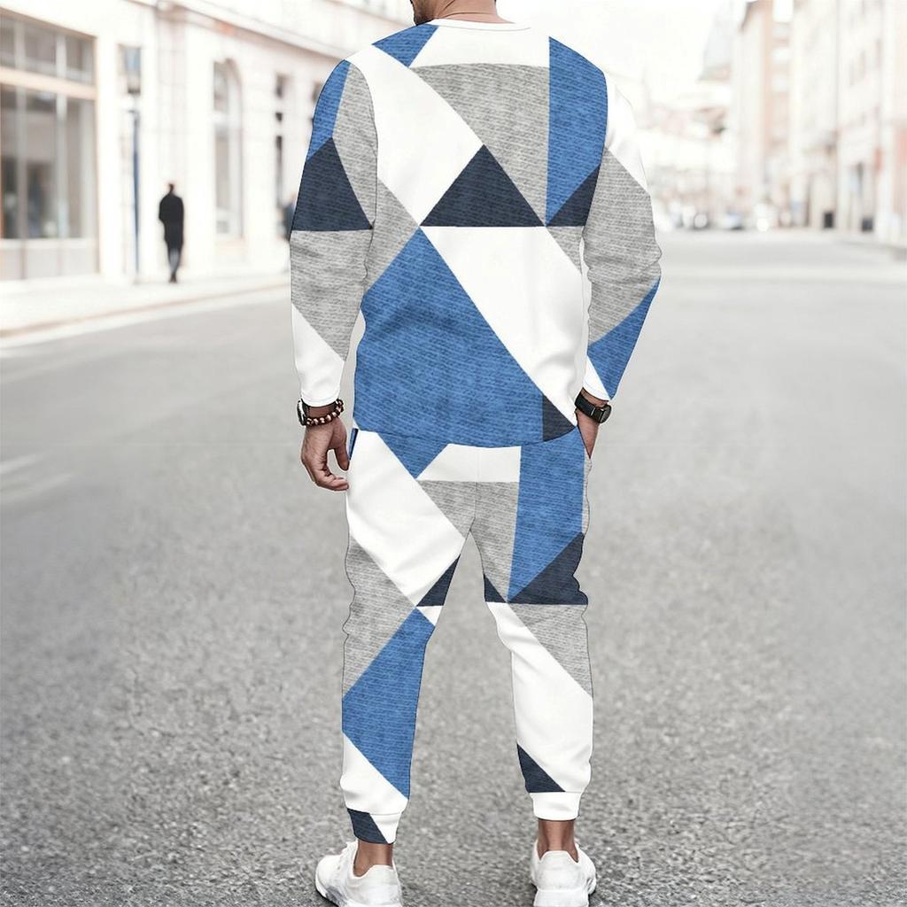 Men Retro Mosaic Hexagon Marble Texture Print Long Sleeve Sweatshirt Jogger Pants Two Piece Suit