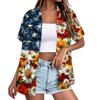 Women's Casual Short Sleeve Button Down Shirt with Collar Floral Print and Stars Stripes Pattern Lightweight Summer Top