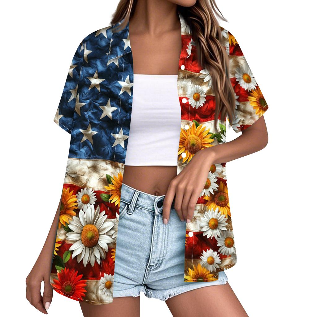 Women's Casual Short Sleeve Button Down Shirt with Collar Floral Print and Stars Stripes Pattern Lightweight Summer Top