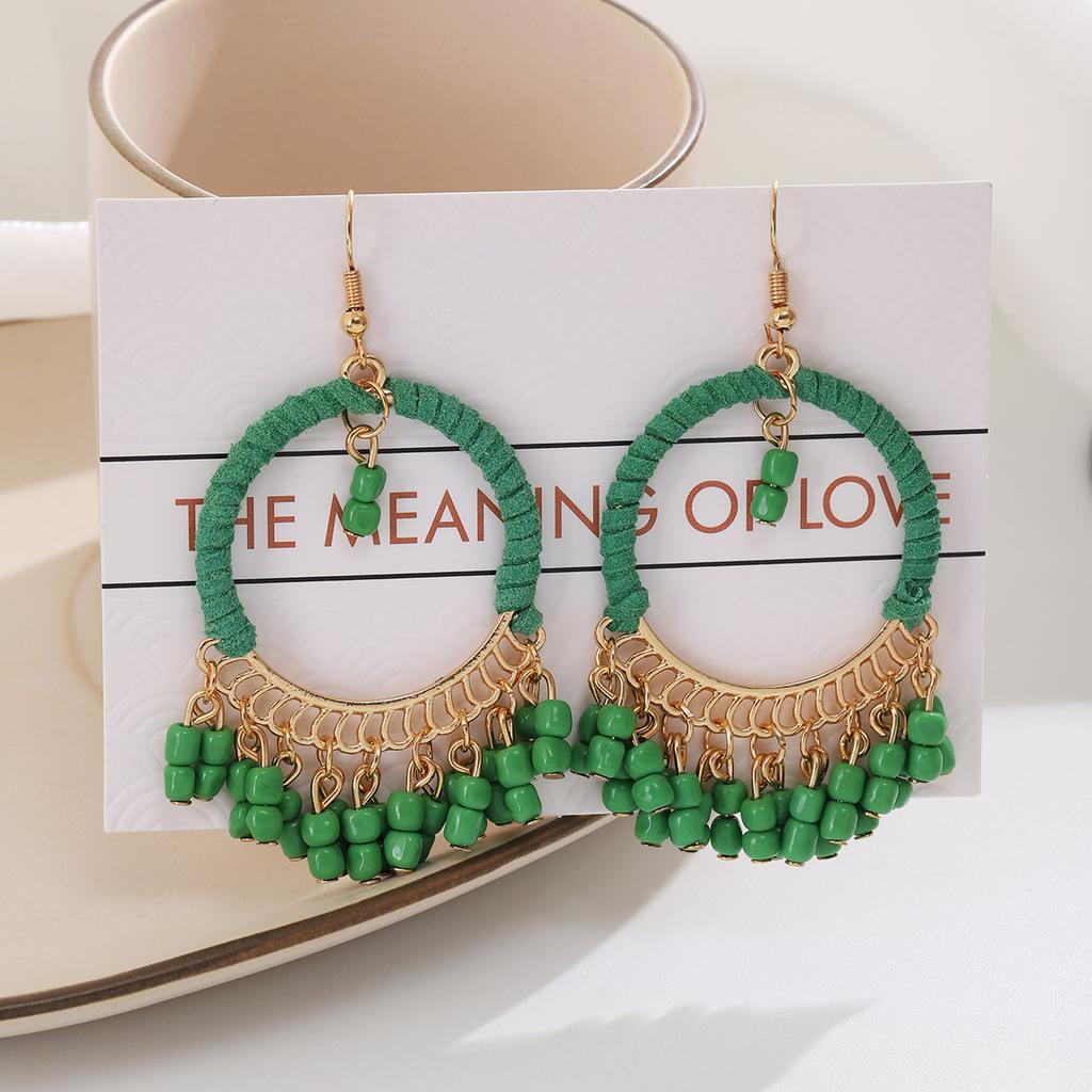 Ethnic Bohemian Geometric Round Earrings, Retro Hand-Woven Small Rice Bead Fringed Earrings