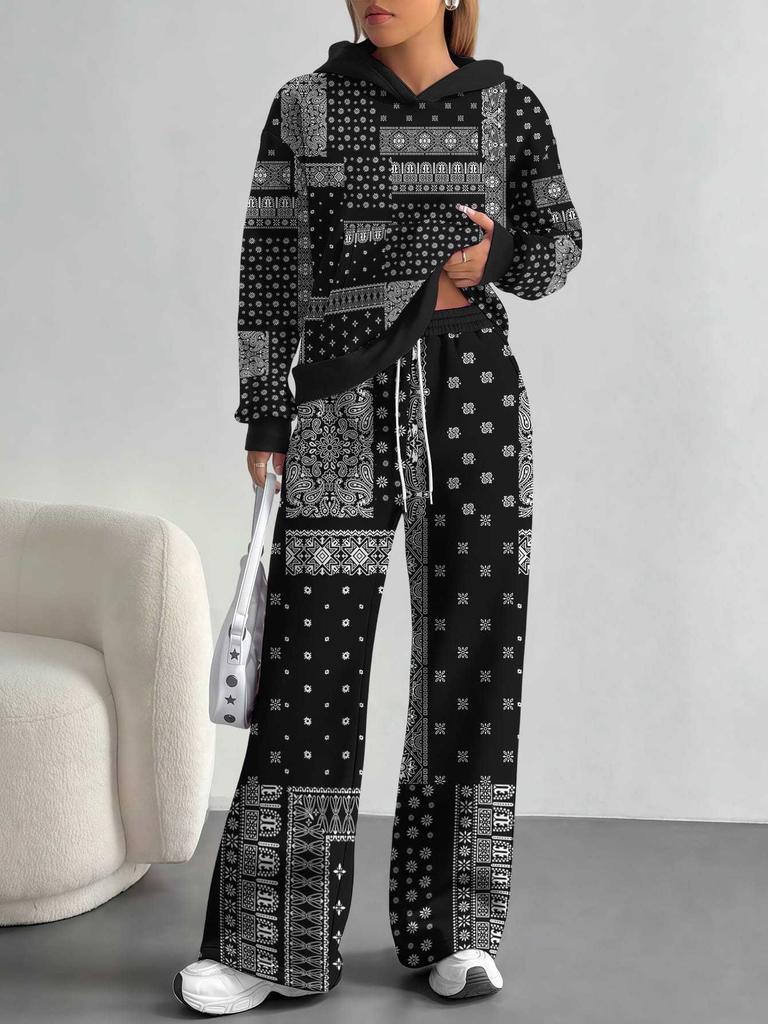 Retro Pattern European And American Autumn And Winter Casual Long-Sleeved Suit Women'S Hooded Sweater Trousers Two-Piece Set