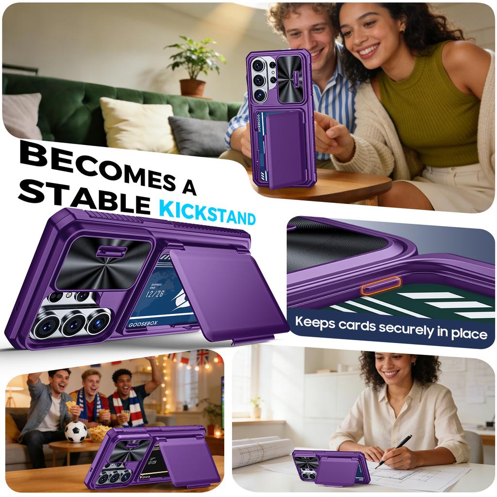 Su kortelių laikikliu, slankiojančiu kameros dangteliu ir stoveliu, skirtas Samsung Galaxy S26 Ultra telefono dėklas, apsaugantis nuo kritimo, PC+TPU piniginės dėklas - Violetinis