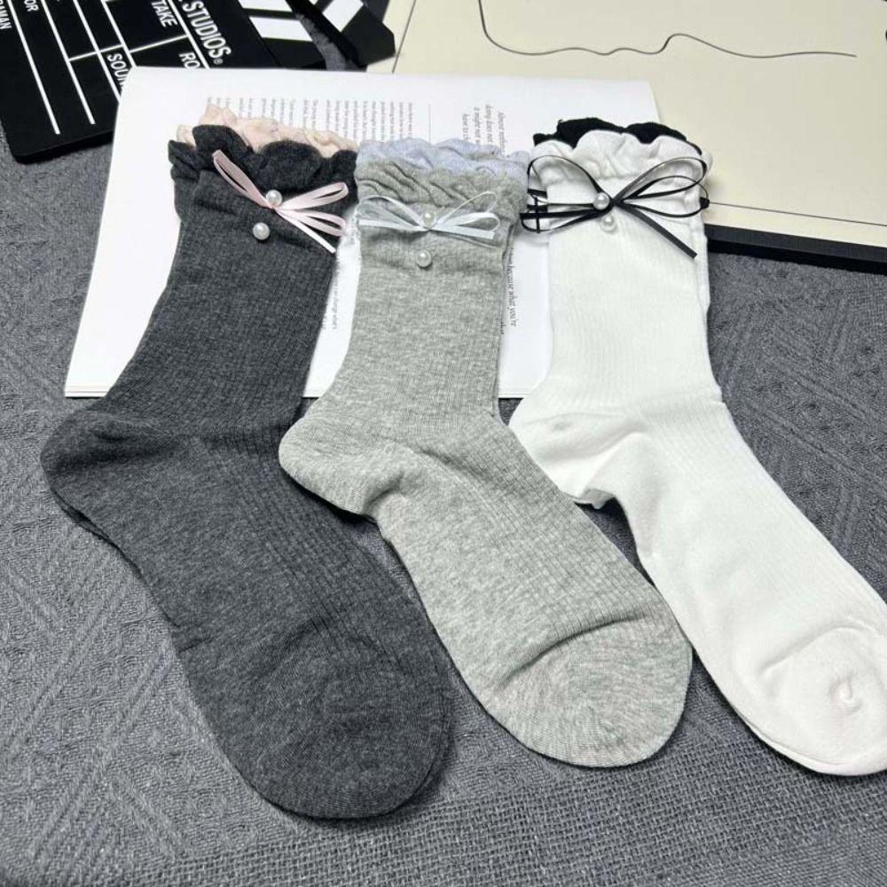 5Pairs Ins Style Bowknot Pearl Socks Thin Sweet Socks Women Soft Mid Tube Socks  Lady