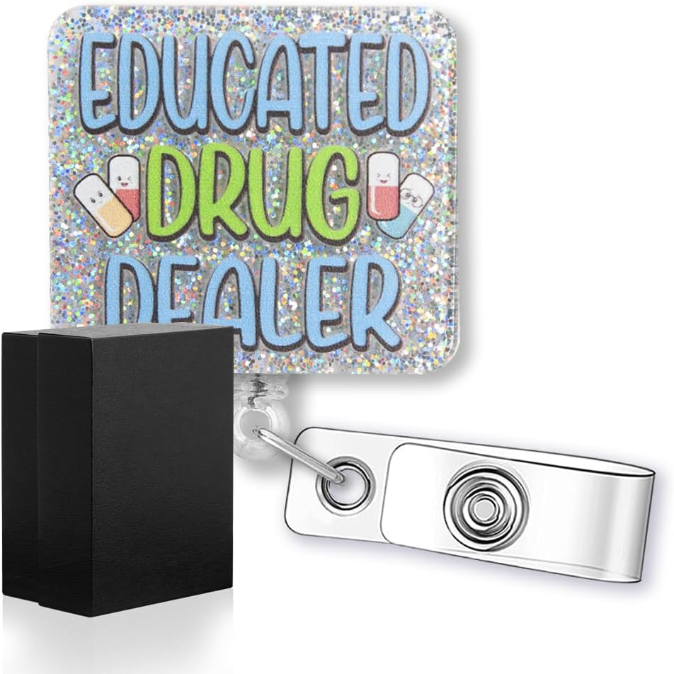 Educated Dealer Funny Glitter Badge Reel, Retractable Badge Holder for Pharmacist Doctor Medical Healthcare Nurse, Pharmacy Student Gifts, CPHT